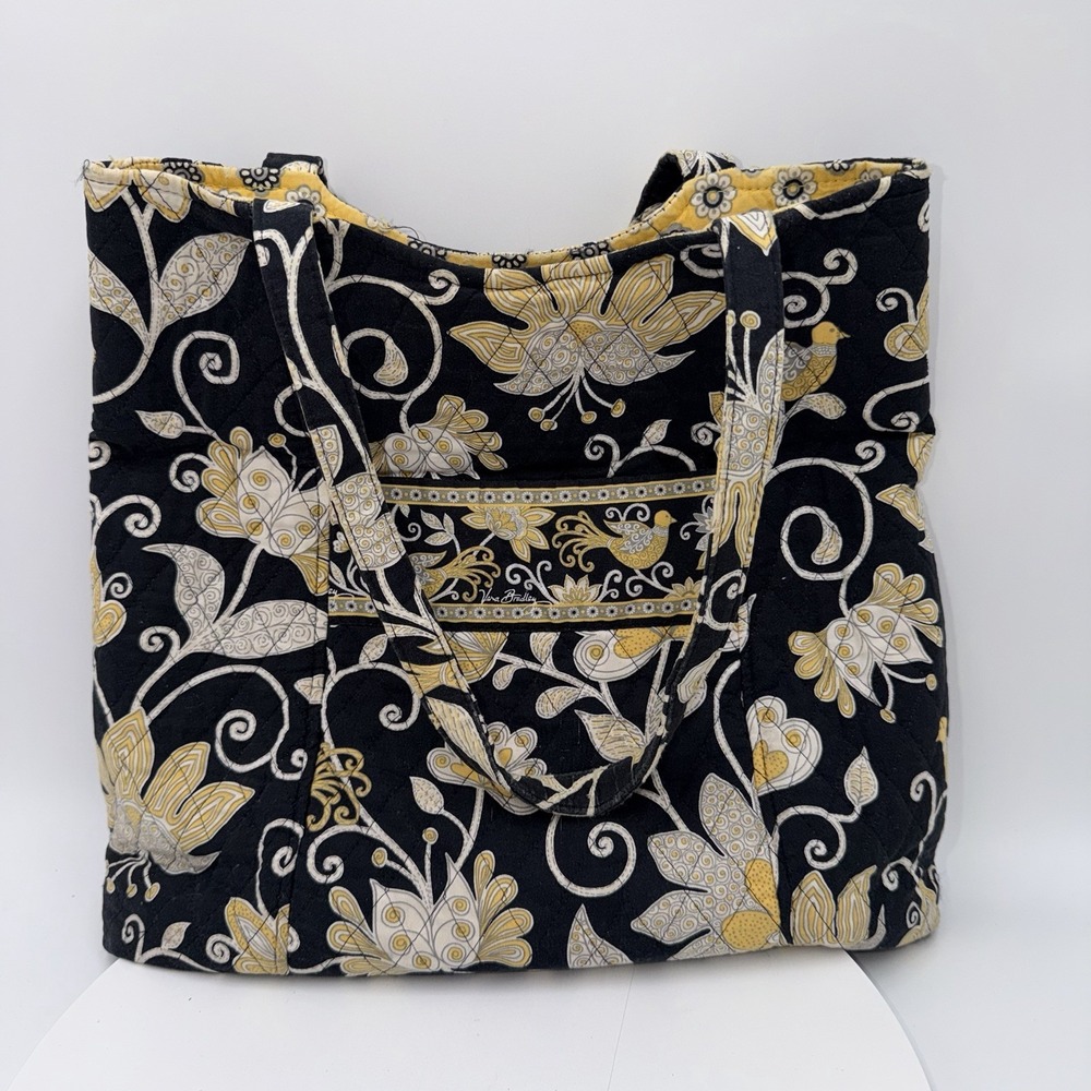 Vera Bradley Yellow Bird Tote Shoulder Bag Black Yellow Quilted Floral Purse